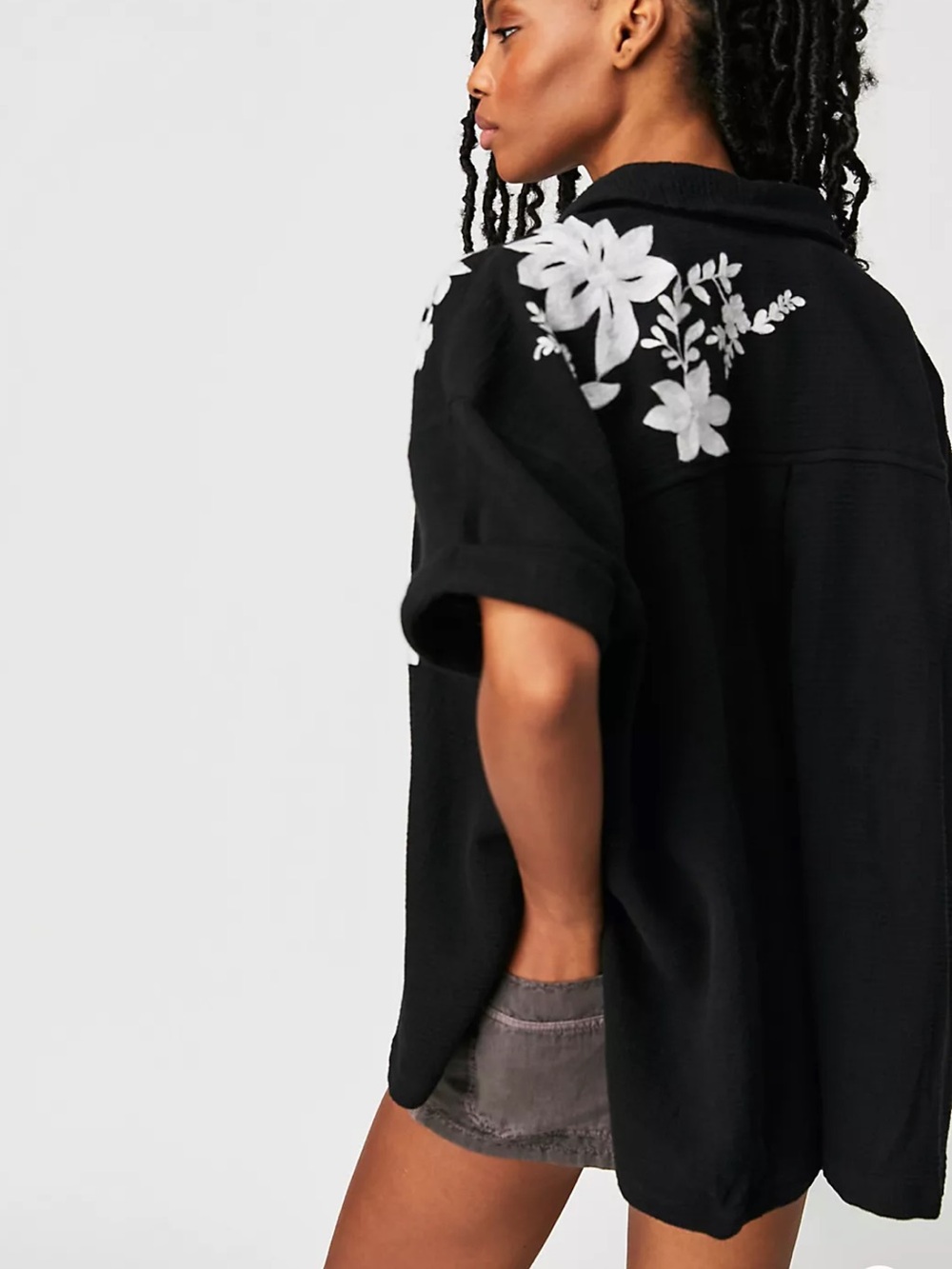 We The Free People Flowers Oversized Embroidered Shirt Black White Button Up - Picture 10 of 11